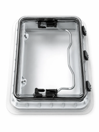 Closed skylight in a portrait top view showing the silver operating bar and three side hinges.