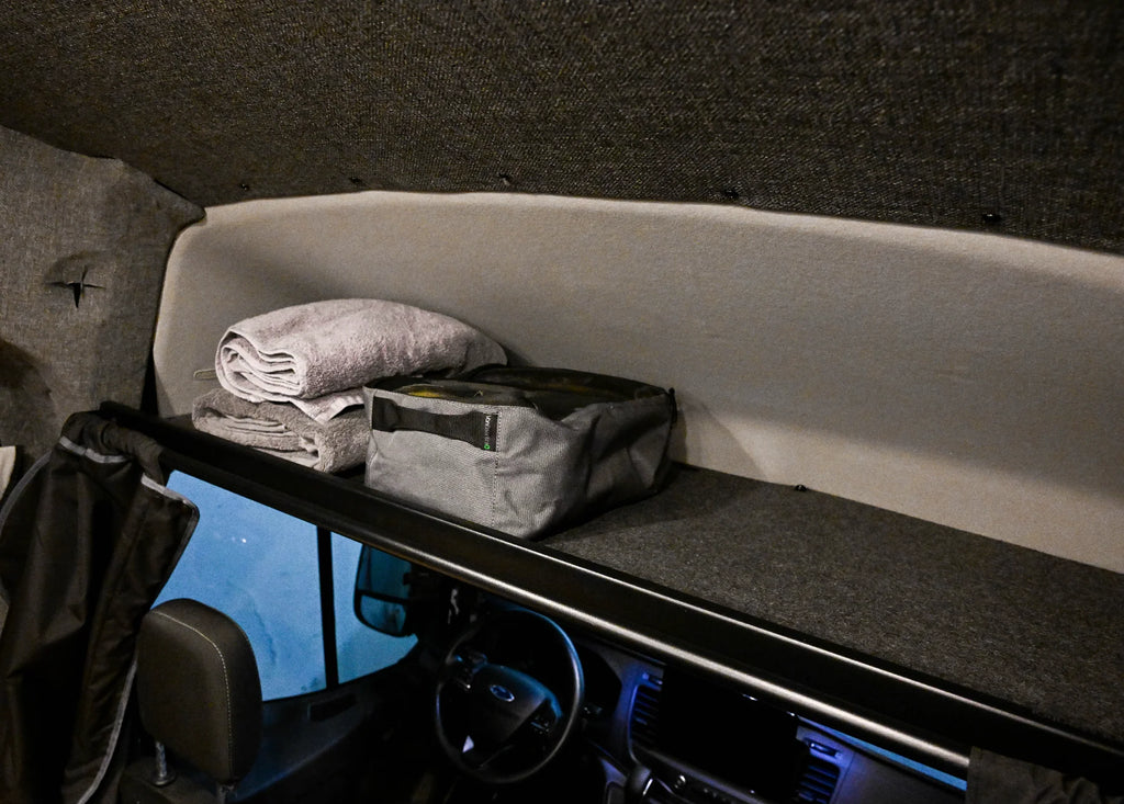 VanEssential Ford Transit Headliner Shelf - With Grab Handle