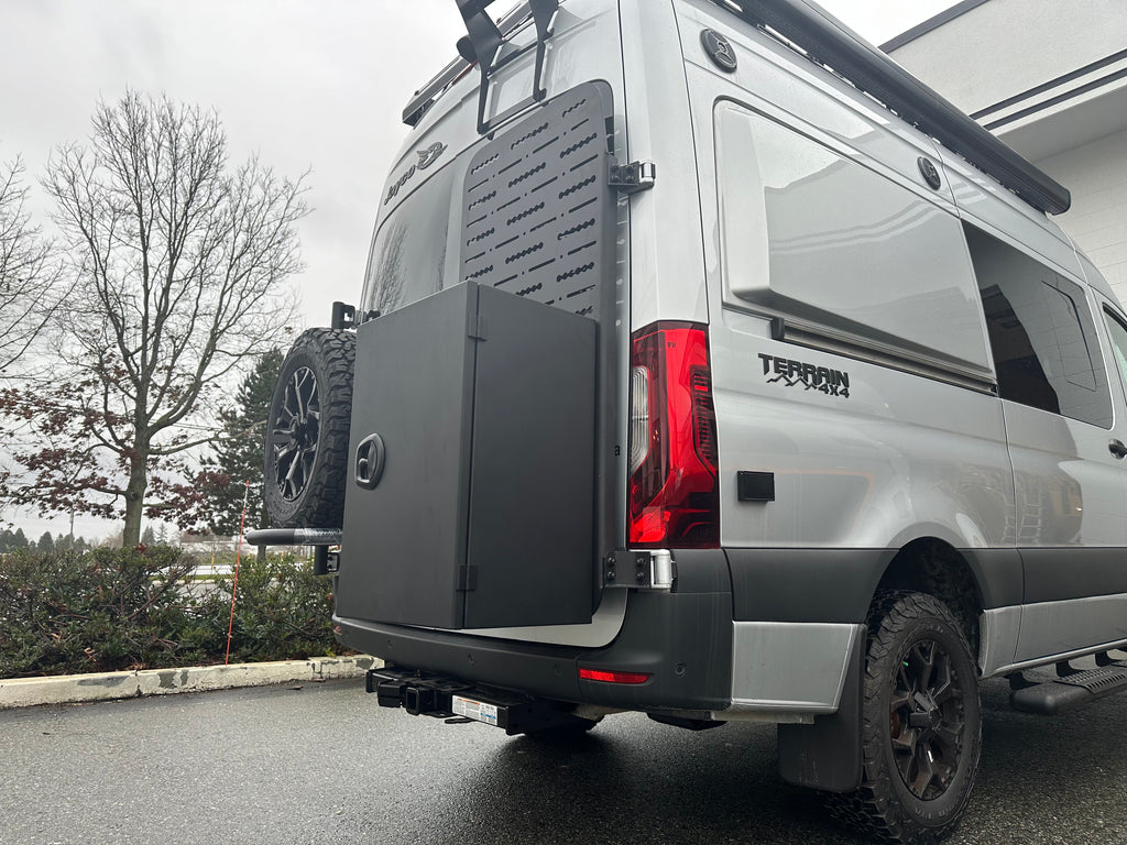 Venti storage box mounted on camper van rear carrier