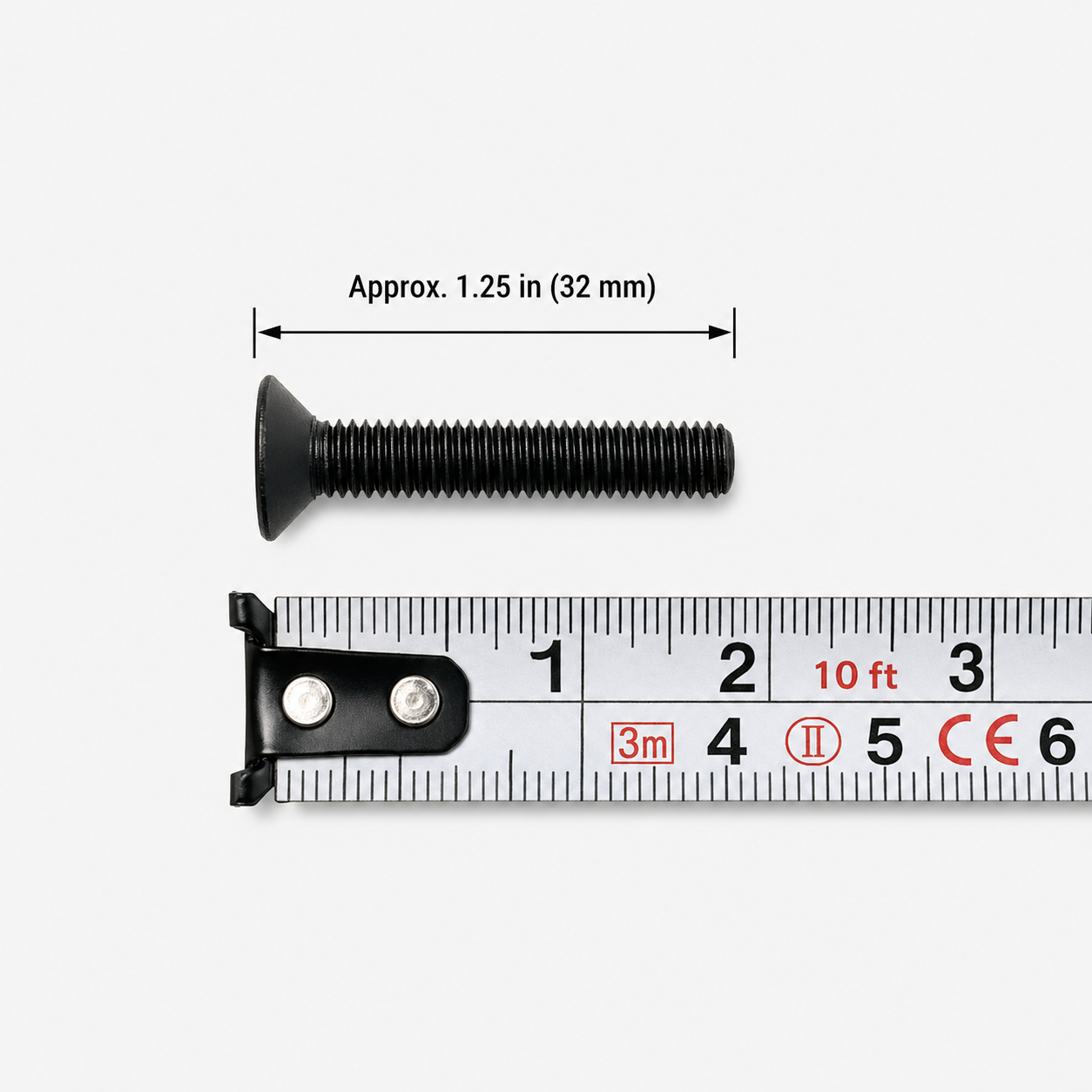 Black tapered flat-head L-track screw measuring approximately 32 mm