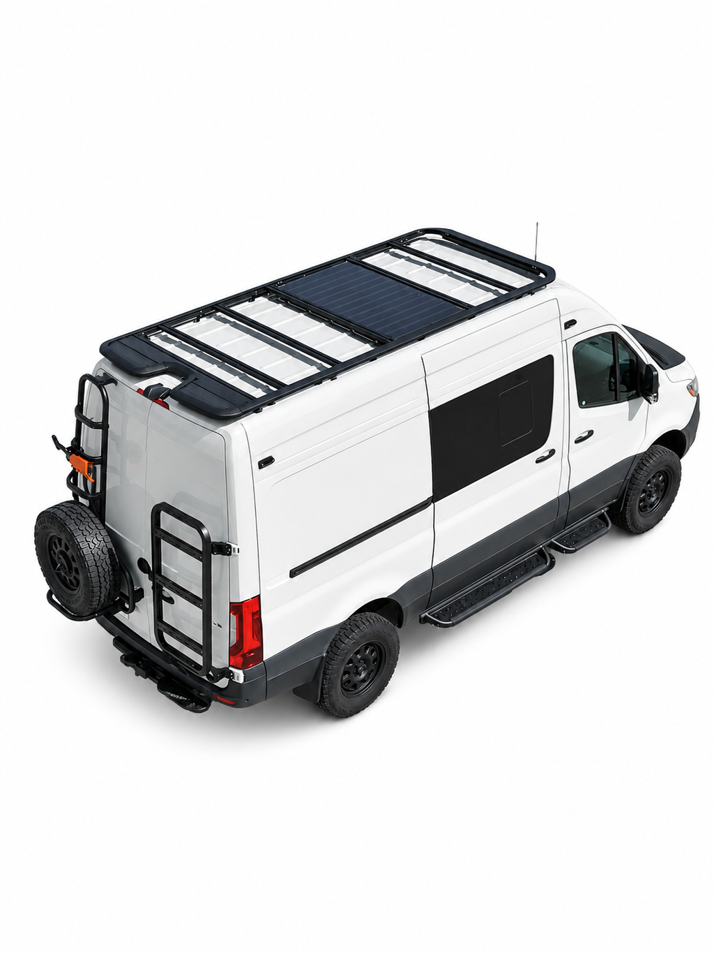 RoamLabX EDGE rear passenger-door gear rack shown on a Sprinter