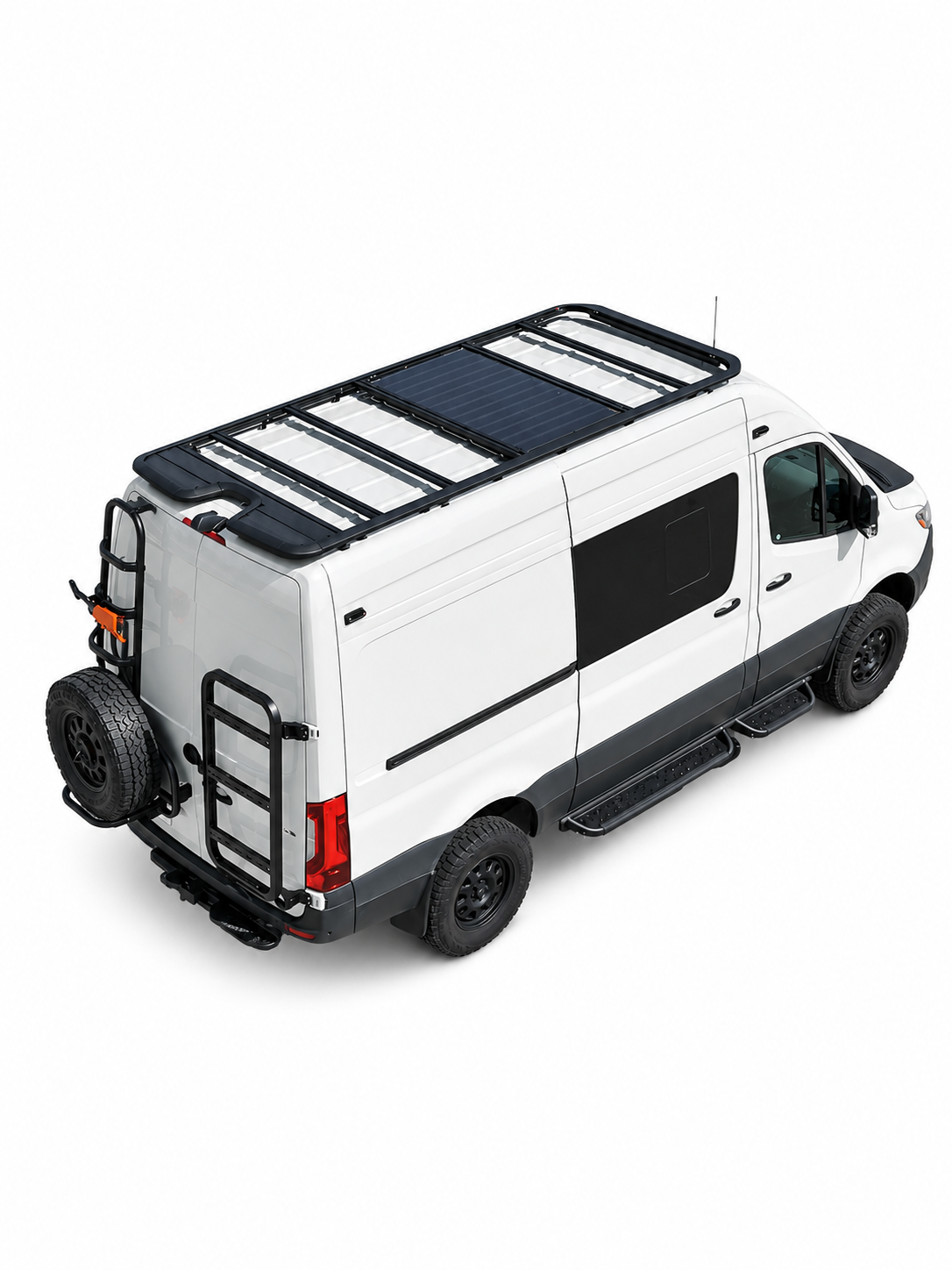 RoamLabX EDGE rear passenger-door gear rack shown on a Sprinter