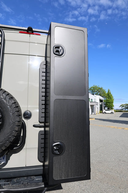 Sprinter Rear Door Aluminum Gear Rack - NO DRILL + Carbon Fibre Storage Box - Trenta - Ski box/Multisport